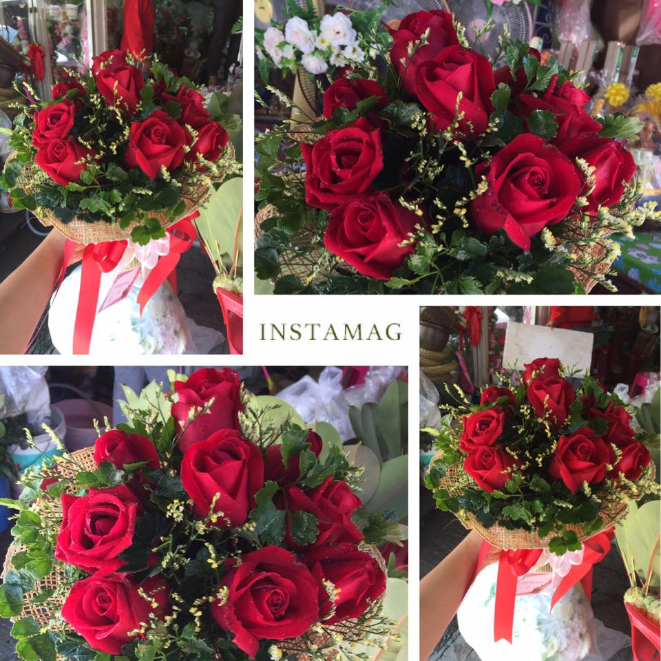 ช่อดอกกุหลาบสีแดง ดอกไม้จีน ห่อด้วยกระดาษตะข่าย