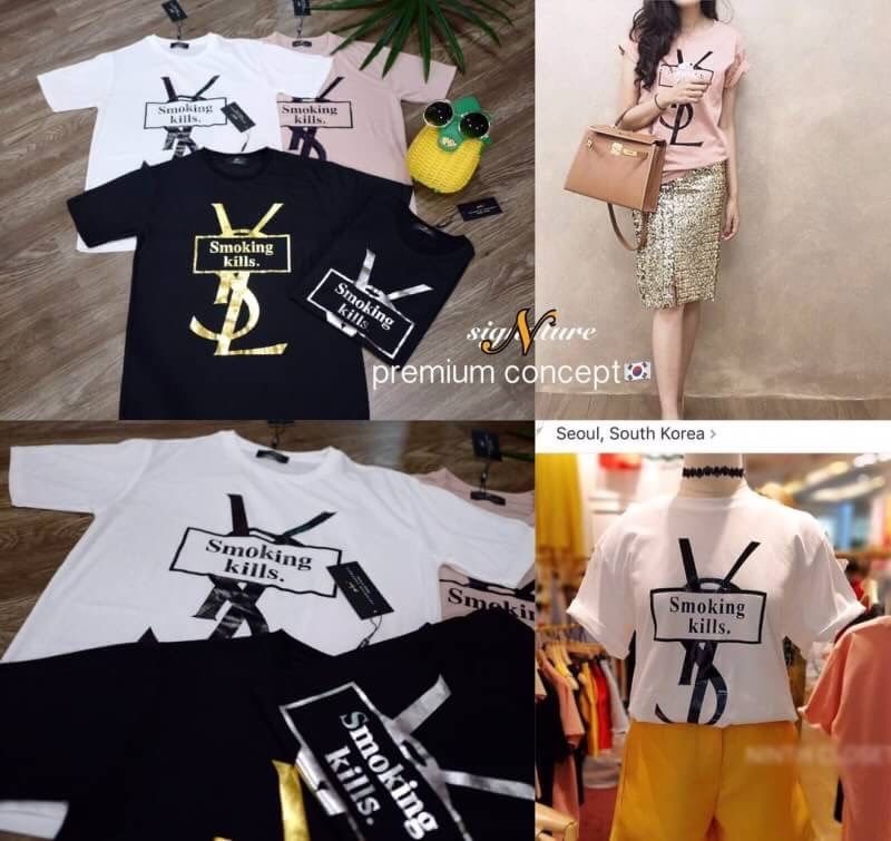 เสื้อยืดผ้าบางลาย YSL สวยมากๆๆๆผ้าเบาใส่สบาย ลายเท่ห์ สีดำสกรีนฟรอยด์แน่นๆ สาวกเสื้อยืดห้ามพลาดนาจา งานจากN signature premium concept