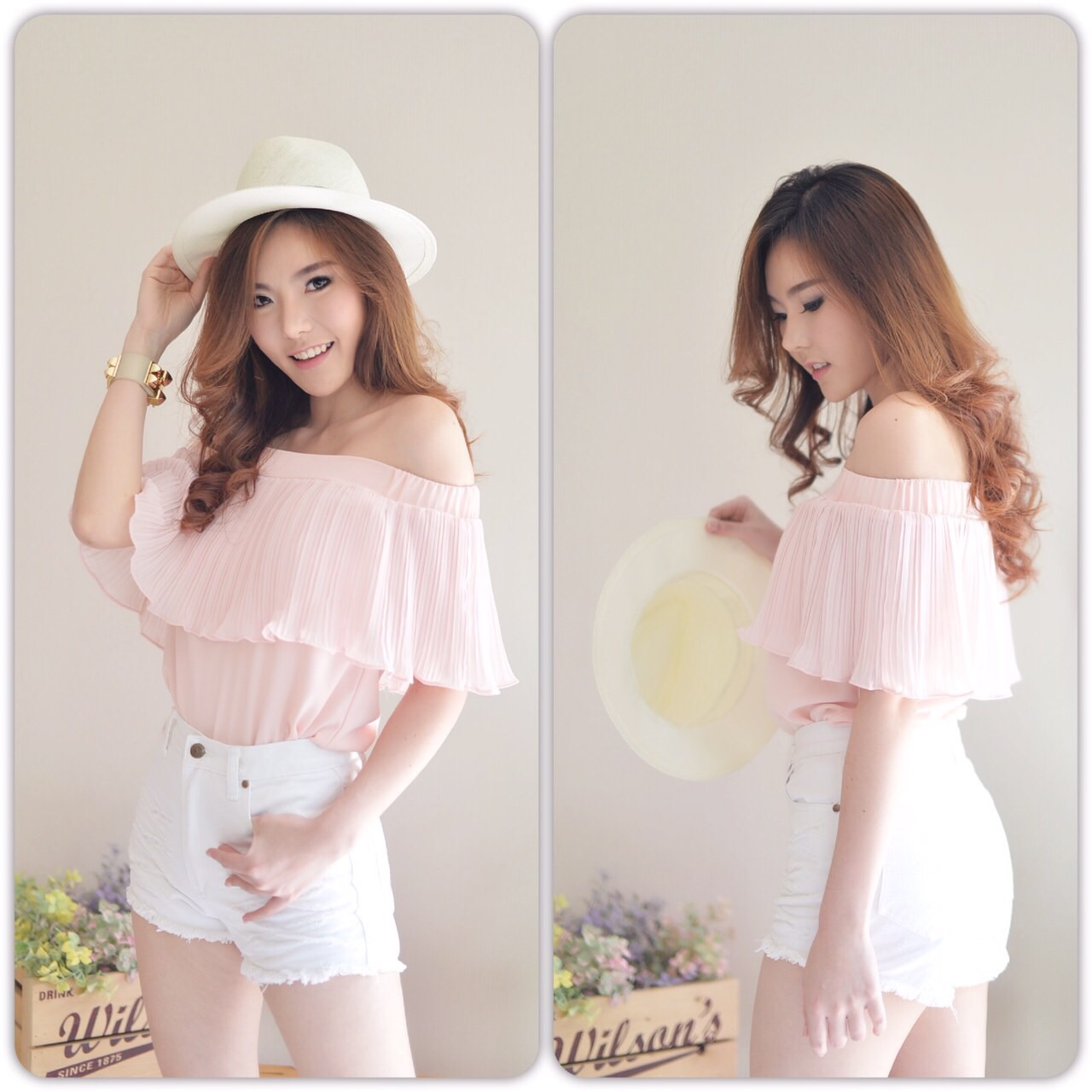 New Collection ผ้าเนื้อทรายหนานุ่ม ทรงปาดไหล่ ใส่ยางยืดขอบใหญ่ ระบายอัดพรีทสวยหรูมากค่ะ แบบCPS ชนชอปจ้า