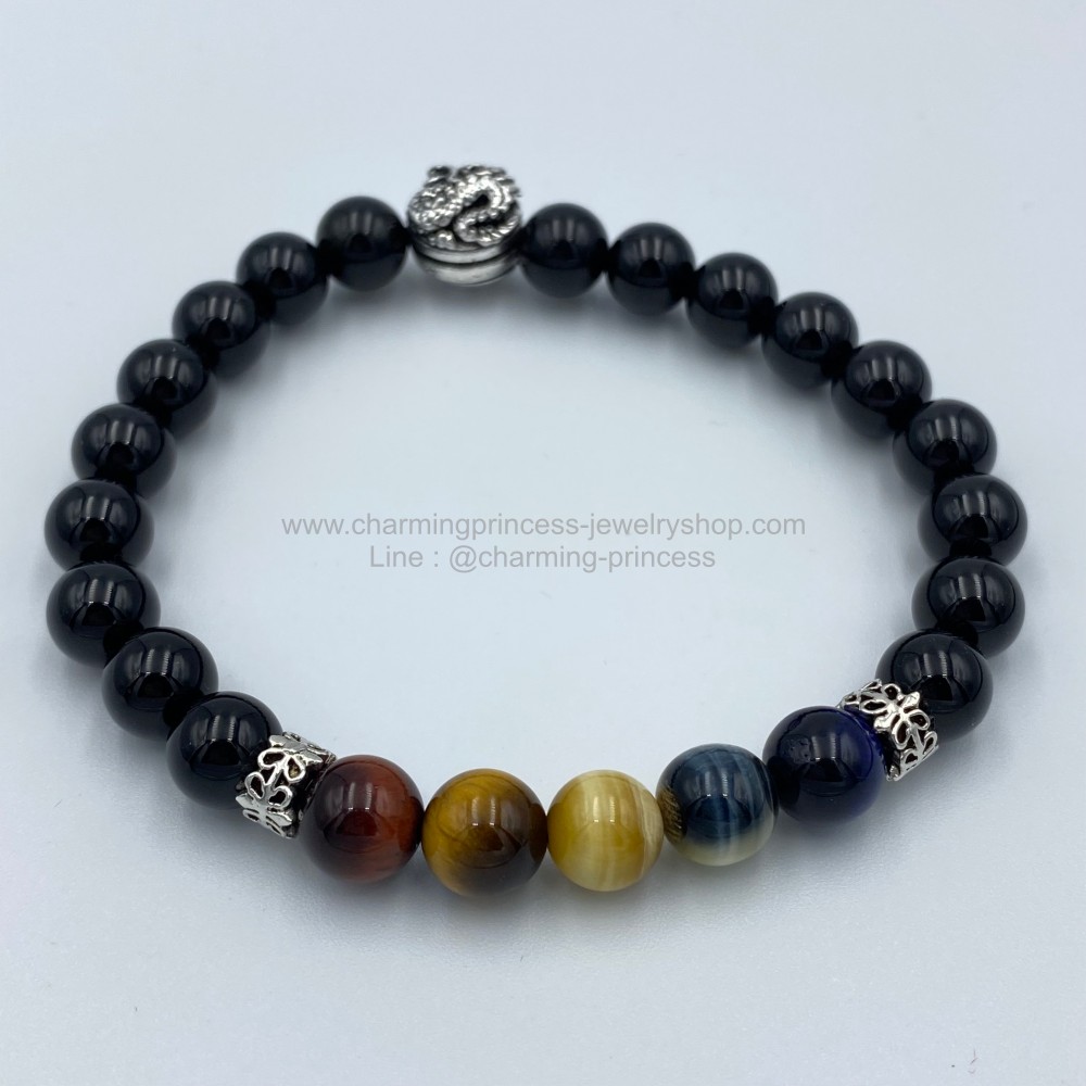 5 พยัคฆราช Tiger Eye Multi Colors & Black Onyx หินตาเสือครบทุกสี และ โอนิกซ์ 8 มม แก้ปีชง พลิกฟื้นดวงชะตา แคล้วคลาดปลอดภัย หินแก้ปีชง ประดับตัวคั่นมังกรเงินแท้ เป็นสัญลักษณ์แห่ง พลัง อำนาจ ความยิ่งใหญ่ และ เสริมดวงด้านการงานการเงิน การงาน