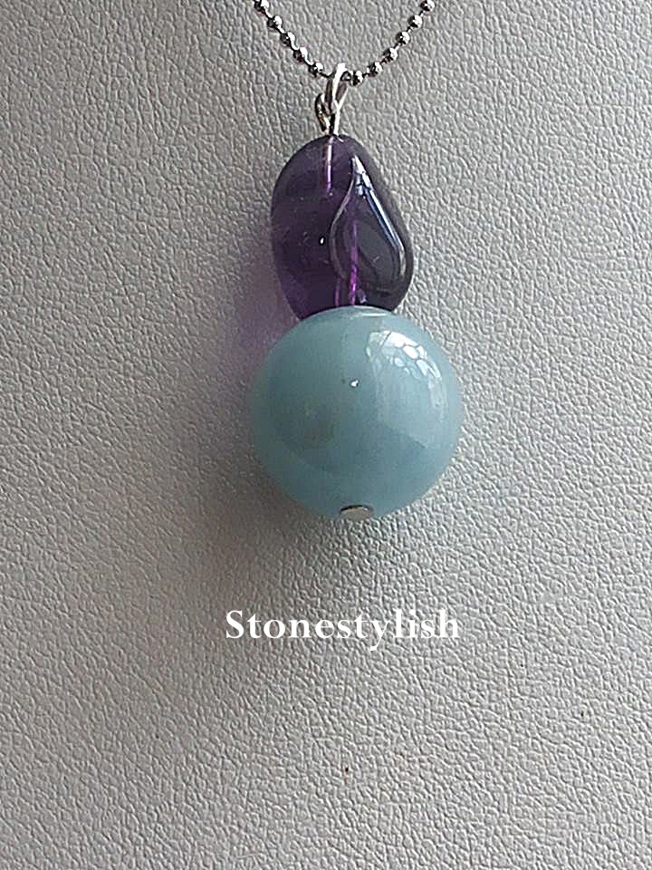จี้น้ำจรดฟ้า อะความารีนและอะเมทิสต์ทรงธรรมชาติ Aquamarine + Amethyst