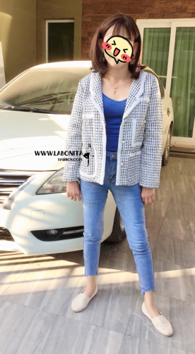 เสื้อคลุมผ้าทวีตสีขาวลายตาราง เสื้อคลุมสไตล์เกาหลี