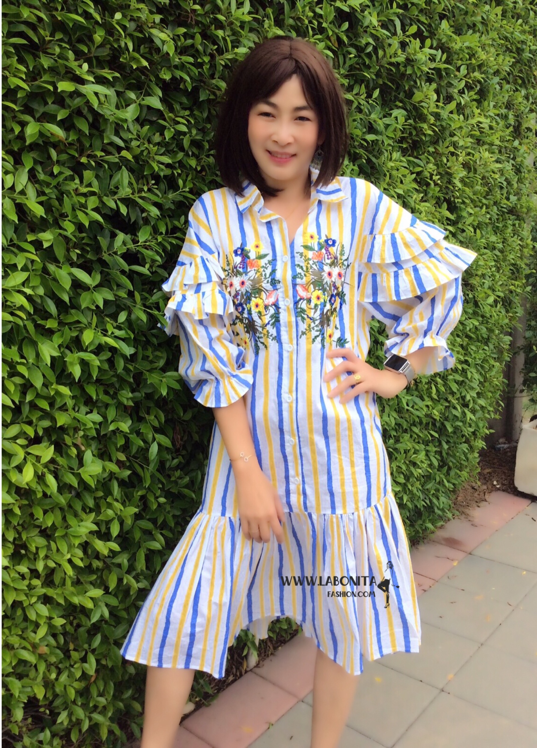 เดรสลายทางปกเชิ้ตปลายเดรสจับจีบระบายน่ารักๆสไตล์สาวเกาหลี