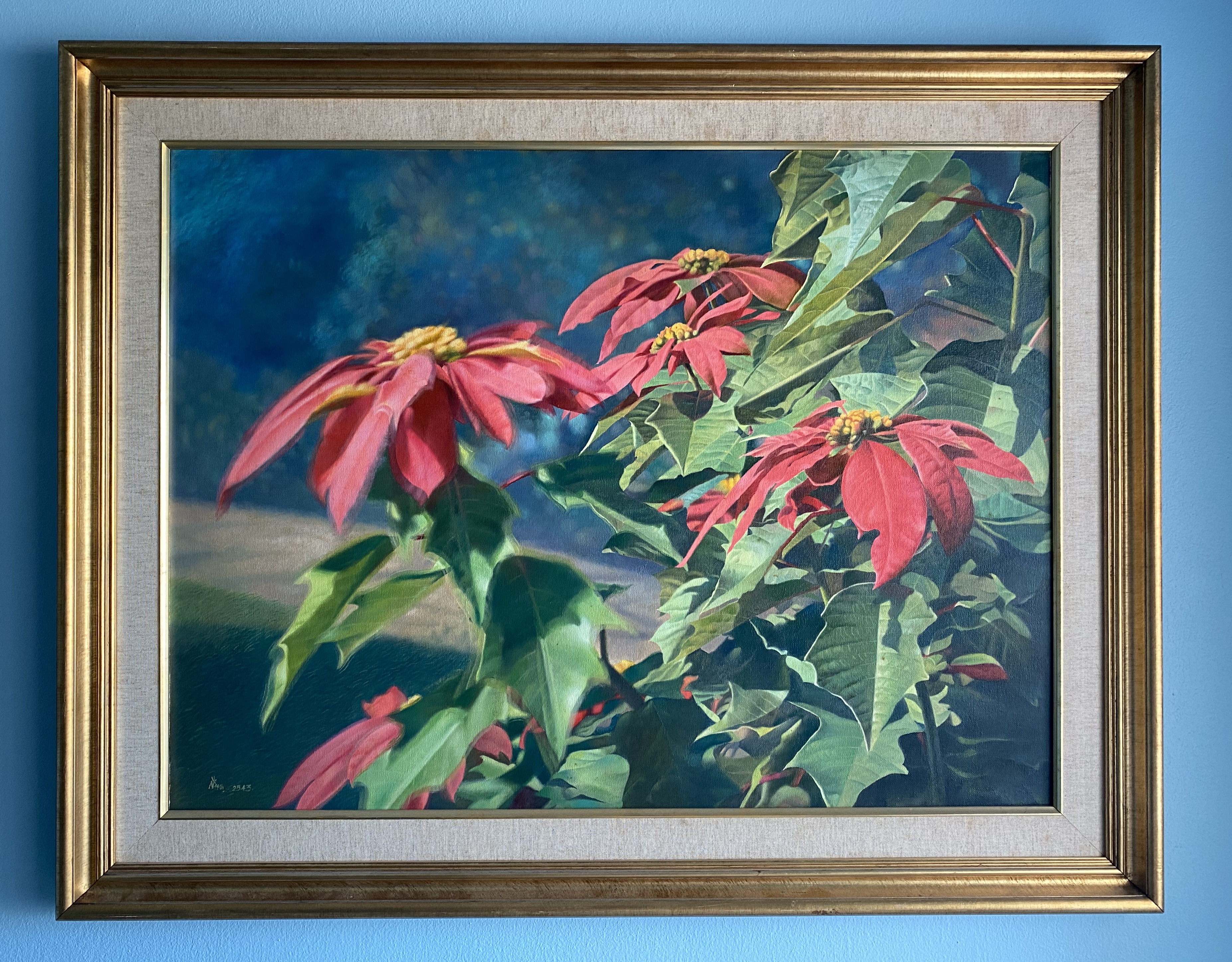 ภาพวาดสีน้ำมัน “Christmas Flower Trembling” ผลงาน สำราญ ปี2543 Samran Suwanmanee