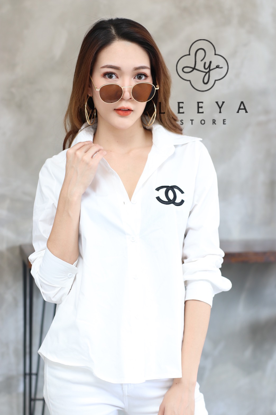 เสื้อเชิ้ตแขนยาว ปักสัญลักษณ์Chanel งานป้ายแบรนด์ตามรูป