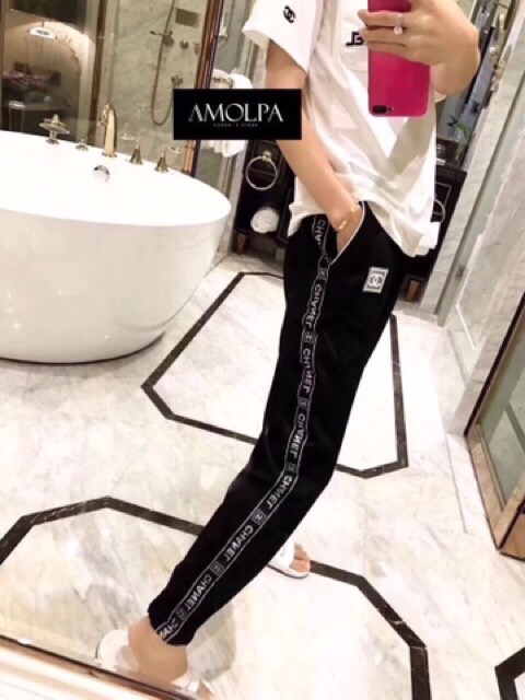 กางเกงวอร์มขายาว สีดำ มีแถบข้าง งานป้าย