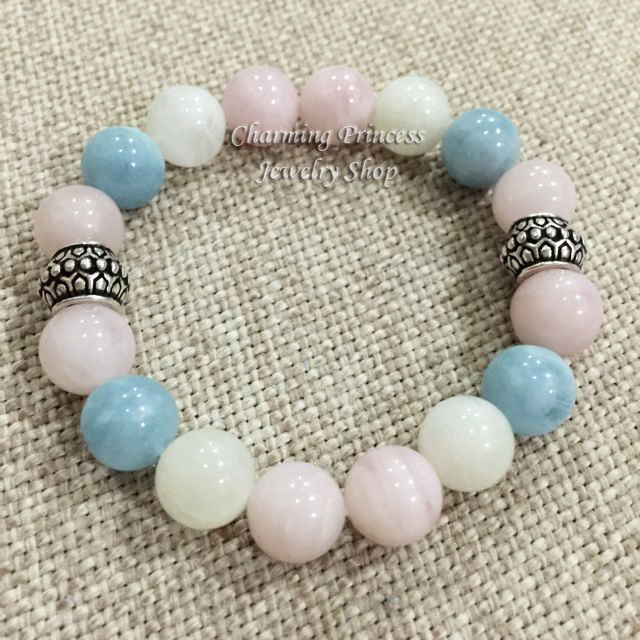 Aquamarine Moonstone Rose Quartz Madagascar อความารีน มูนสโตน โรสควอทซ์ มาดากัสการ์ 10 มม ตกแต่งเครื่องเงิน