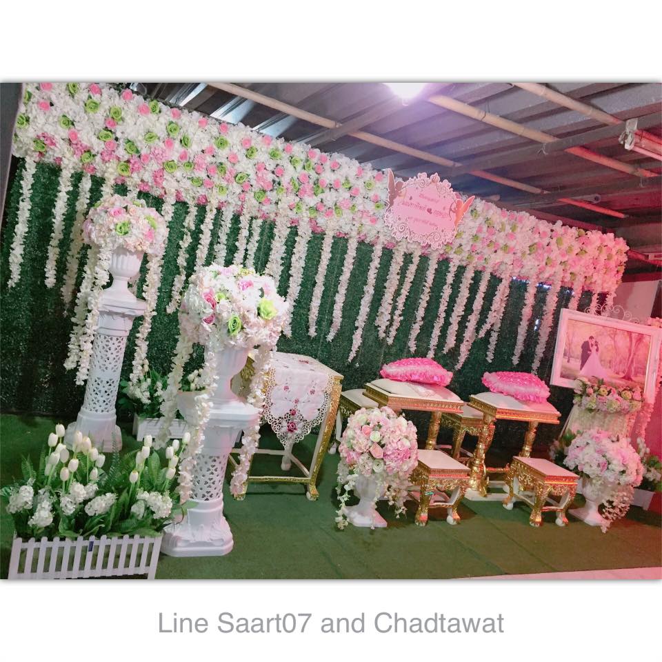 ซุ้มถ่ายภาพงานแต่ง ดอกไม้แห้ง ธีมเขียวมิ้นขาว