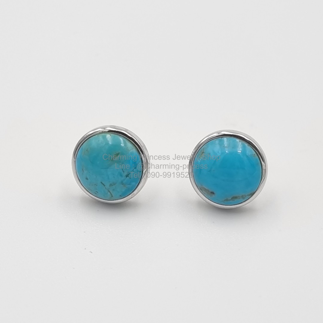 ต่างหูเงินแท้เทอร์ควอยส์ หินเสริมพลังอำนาจ รูปทรงกลม ขนาด 10 มม หรือ 1 ซม Turquoise Round Sterling Silver Earrings