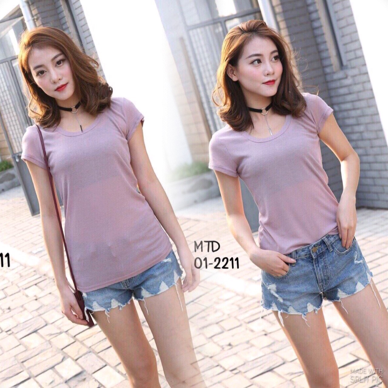 เสื้อยืดแต่งคอกลมปาด เนื้อผ้ายืดอย่างดี มีลาย texture ในตัว