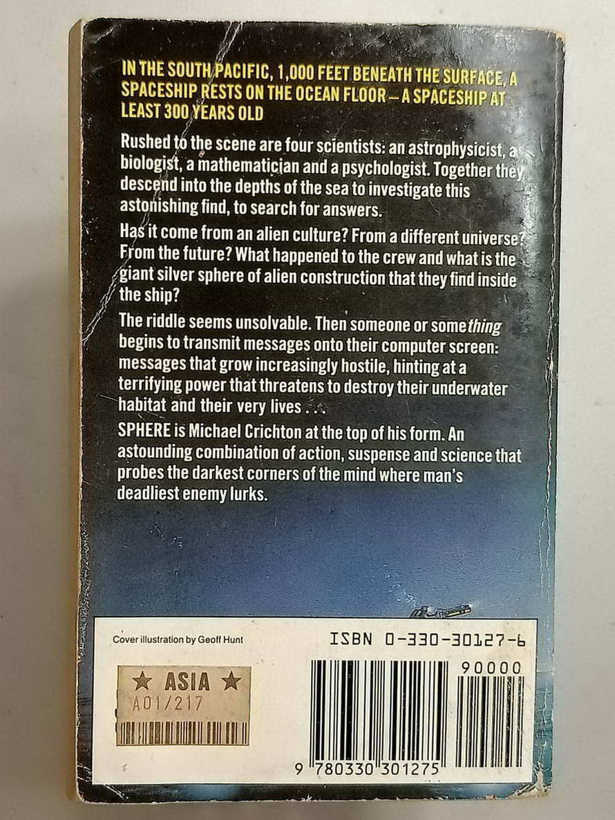 หนังสือมือสอง 100 นวนิยายภาษาอังกฤษเรื่อง THE SPHERE โดย MICHAEL CRICHTON จบในเล่มเดียว ความหนา 285 หน้า