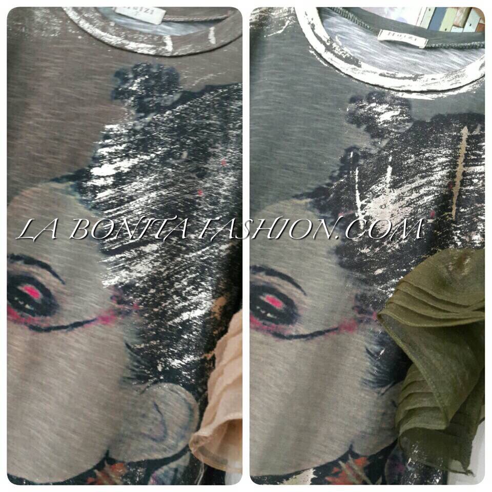 Sohot Shop เสื้อยาวหรือใส่เป็นมินิเดรสได้ค้ะ ผ้ายืดคอตตอทเนื้อนิ่มสกรีนลายหน้าคนวิ้งๆ ทอง แขนระบายน่ารักมากๆ