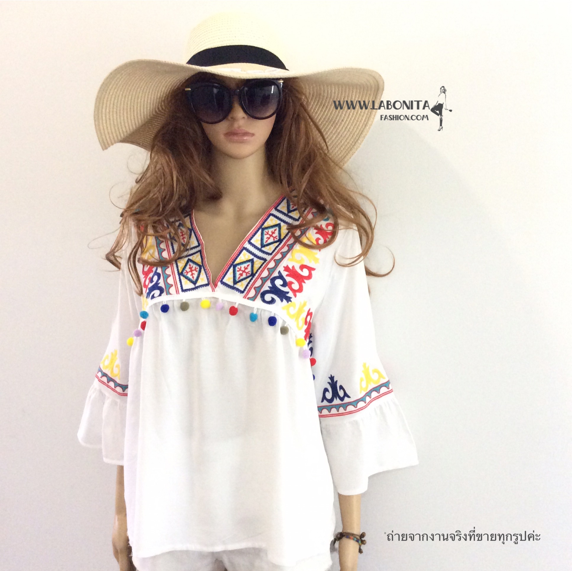 เสื้อโบฮีเมียน คอวี ปักลายสไตล์เกาหลี