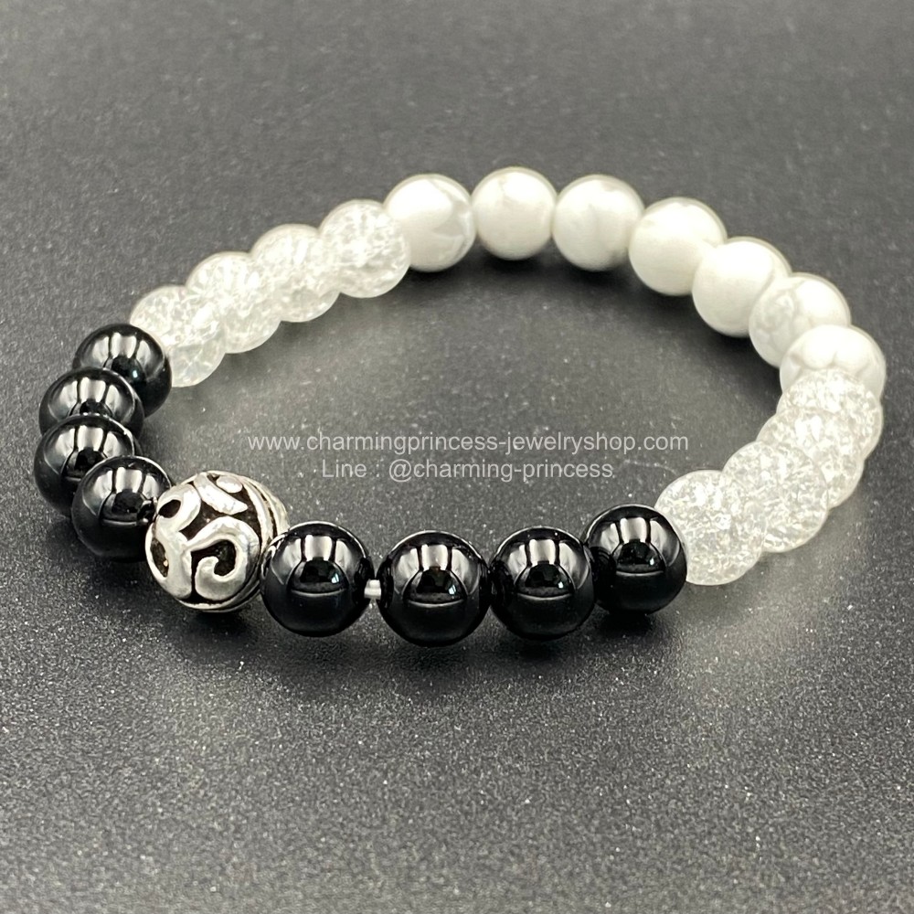 Onyx, Ice Quartz and Howlite with Sterling Silver Ohm 8 mm โอนิกซ์ ไอซ์ควอตซ์ ฮาวไลต์ 8 มม ประดับโอมเงินแท้