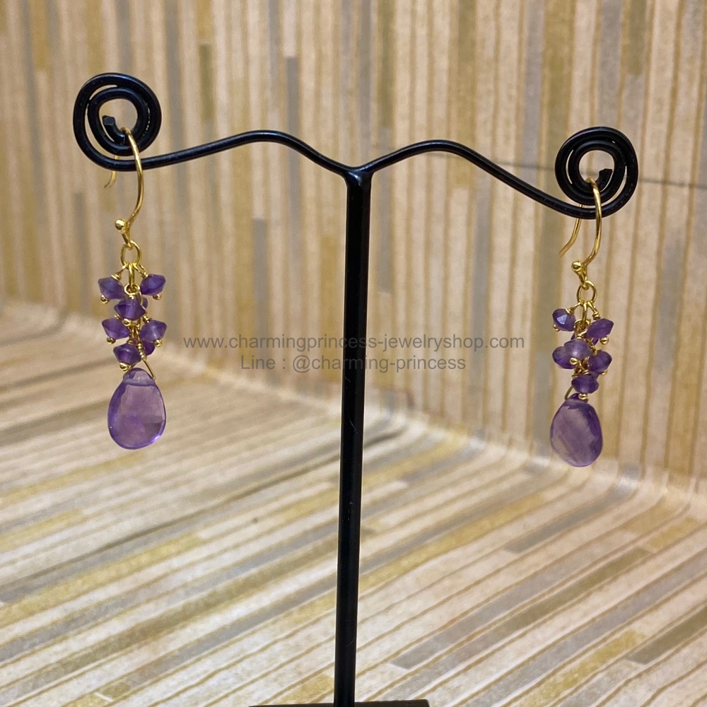 ต่างหูหินสีม่วง อเมทิสต์ ต่างหู Amethyst Dangling Earrings