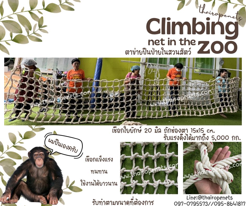 ตาข่ายปีนป่ายในสวนสัตว์ Climbing net in the zoo ตาข่ายเชือกใยยักษ์ถักปมปีนป่ายรับน้ำหนักได้ดี รับผลิตและทำตามขนาด