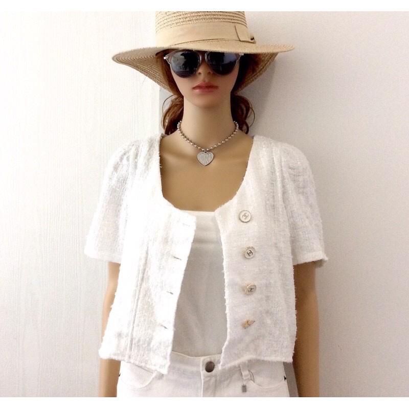 เสื้อคลุมแขนสั้นผ้าทวิต เสื้อทวิตแขนสั้นสีขาว