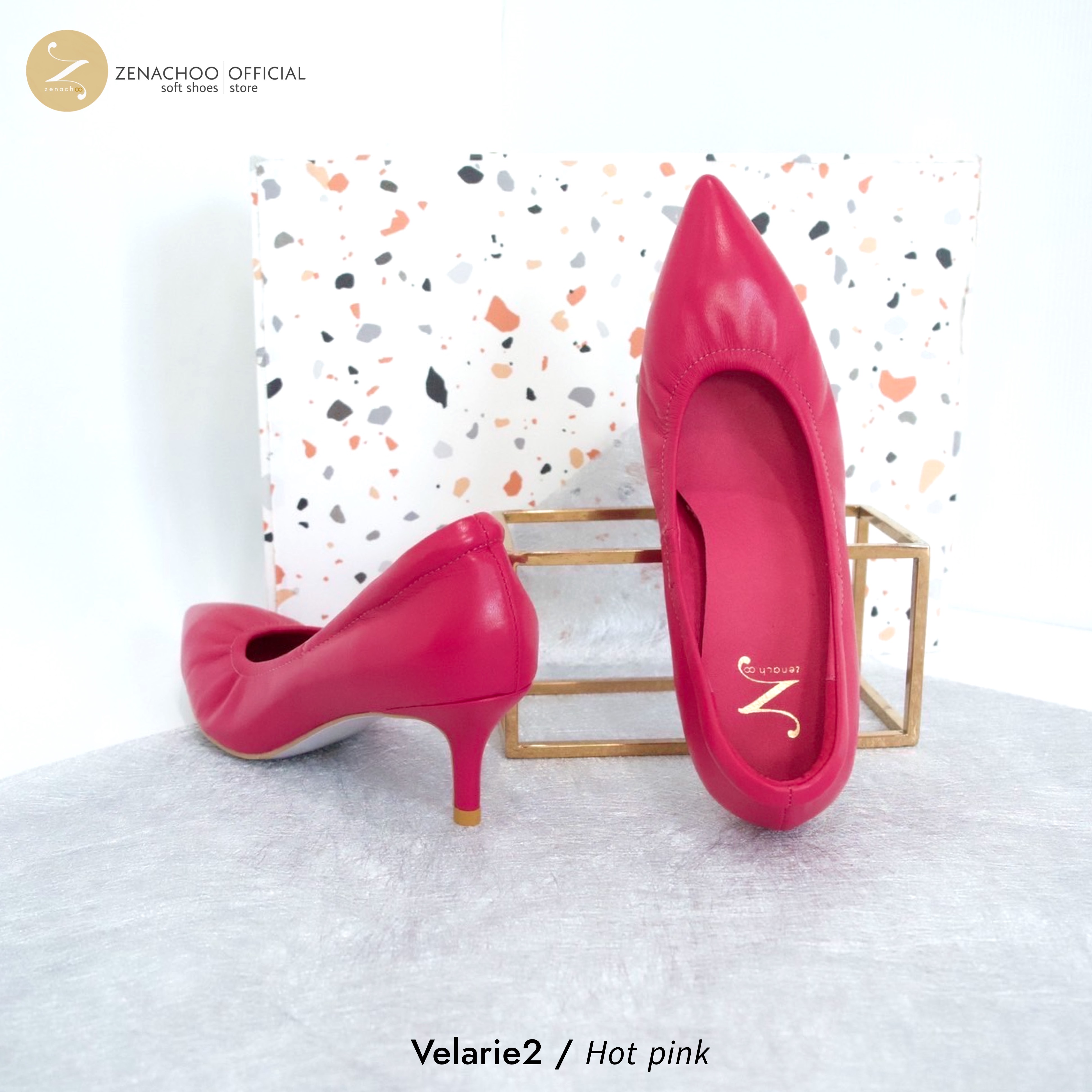 ทรงปกติ เปลี่ยนไซส์ได้ ไม่รับคืน รุ่นขายดี Zenachoo Velarie2 สูง 2 นิ้ว สี Hot Pink รองเท้าหนังแกะแท้ หัวแหลมหน้ากว้าง