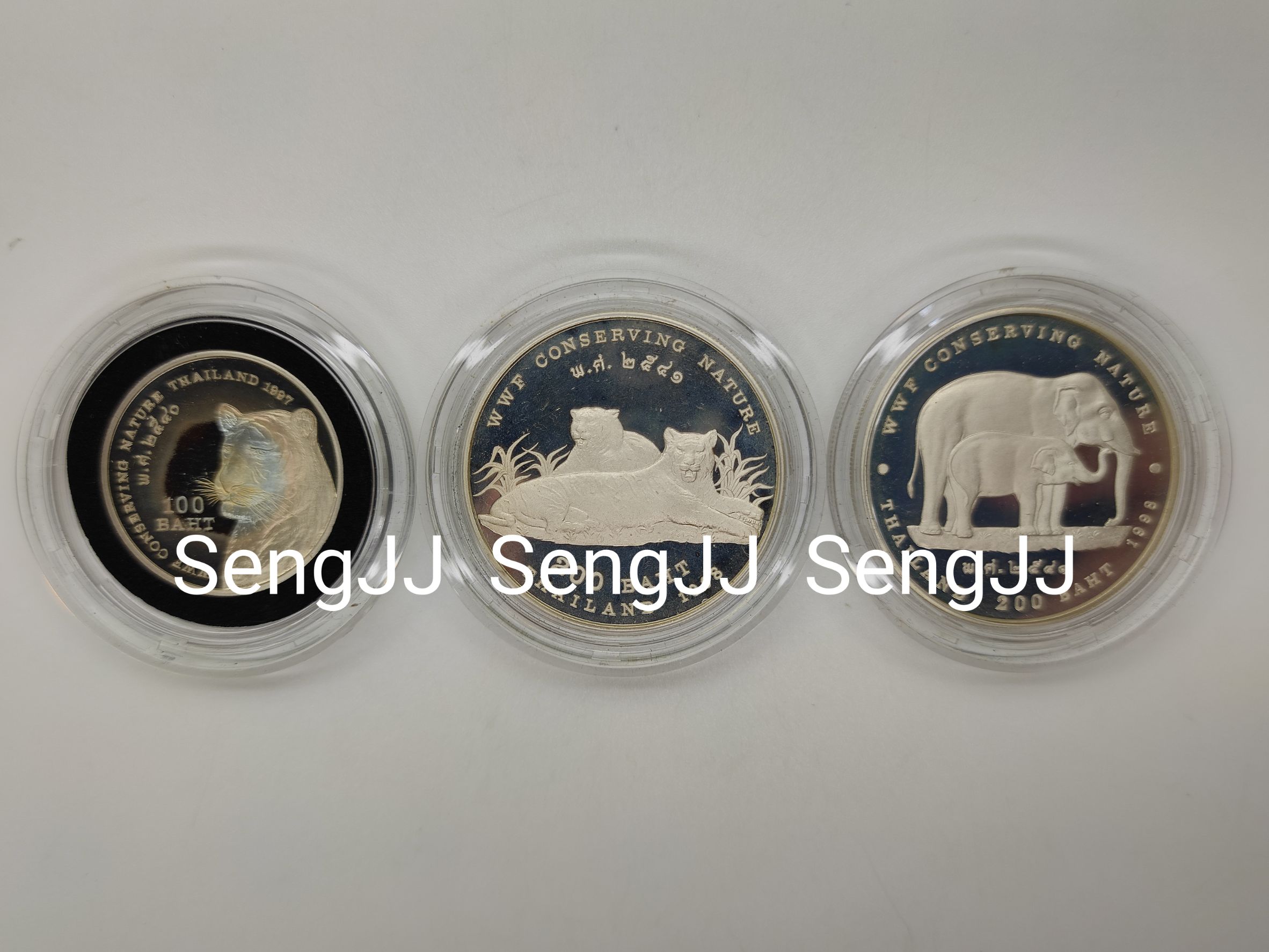 เหรียญกษาปณ์เงินขัดเงาที่ระลึก อนุรักษ์สัตว์ป่า ชุด 3 (เสือ-ช้าง) พ.ศ.2540 แบบบาง ชุดละ 3 เหรียญ