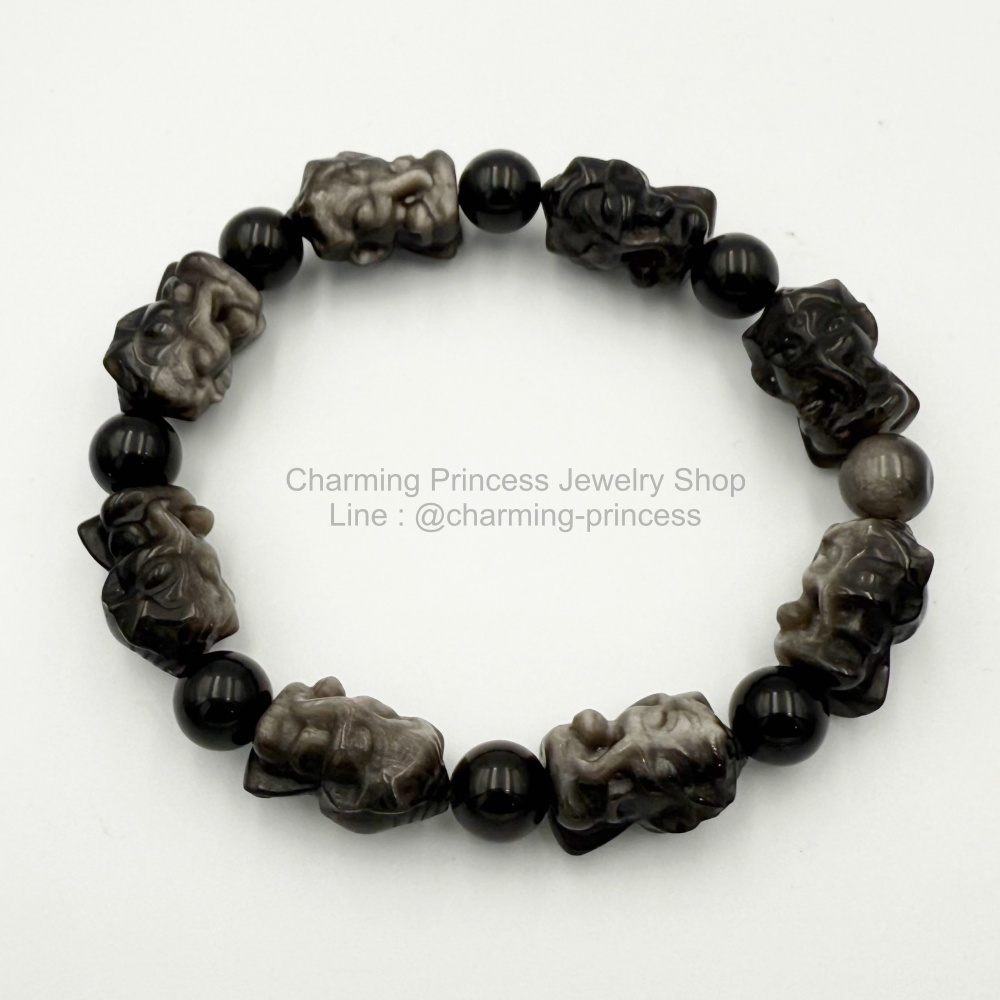Silver Sheen Obsidian Ganesha Bracelet ซิลเวอร์ชีน ออบซิเดียน แกะรูปพระพิฆเนศ 18x11 and 8 มม