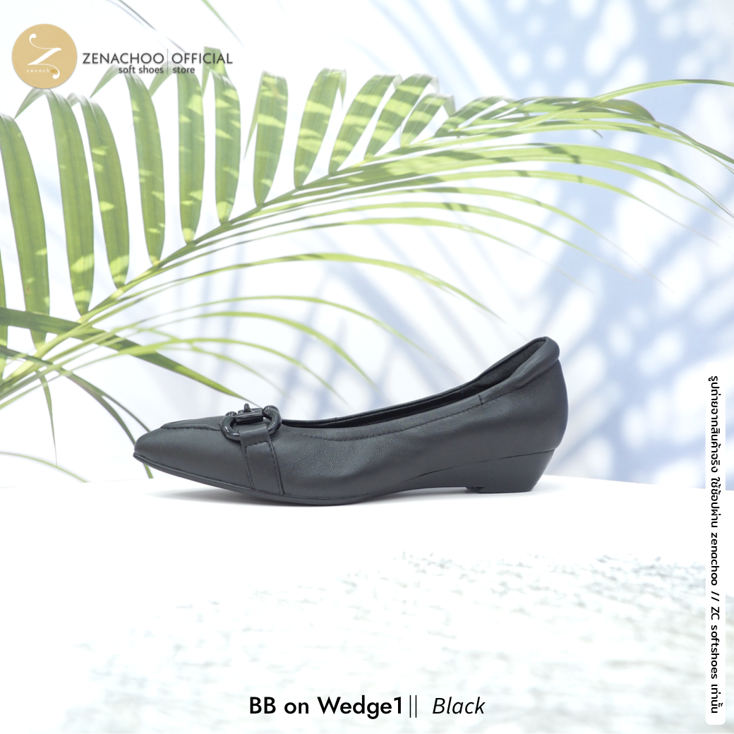 รุ่นขายดี ปรับความสูง ทรงปกติ เปลี่ยนไซส์ได้-ไม่รับคืน พื้นนิ่ม Zenachoo BB on Wedge1 สูง 1 นิ้ว รองเท้าหนังแกะแท้ ใส่สบายมาก