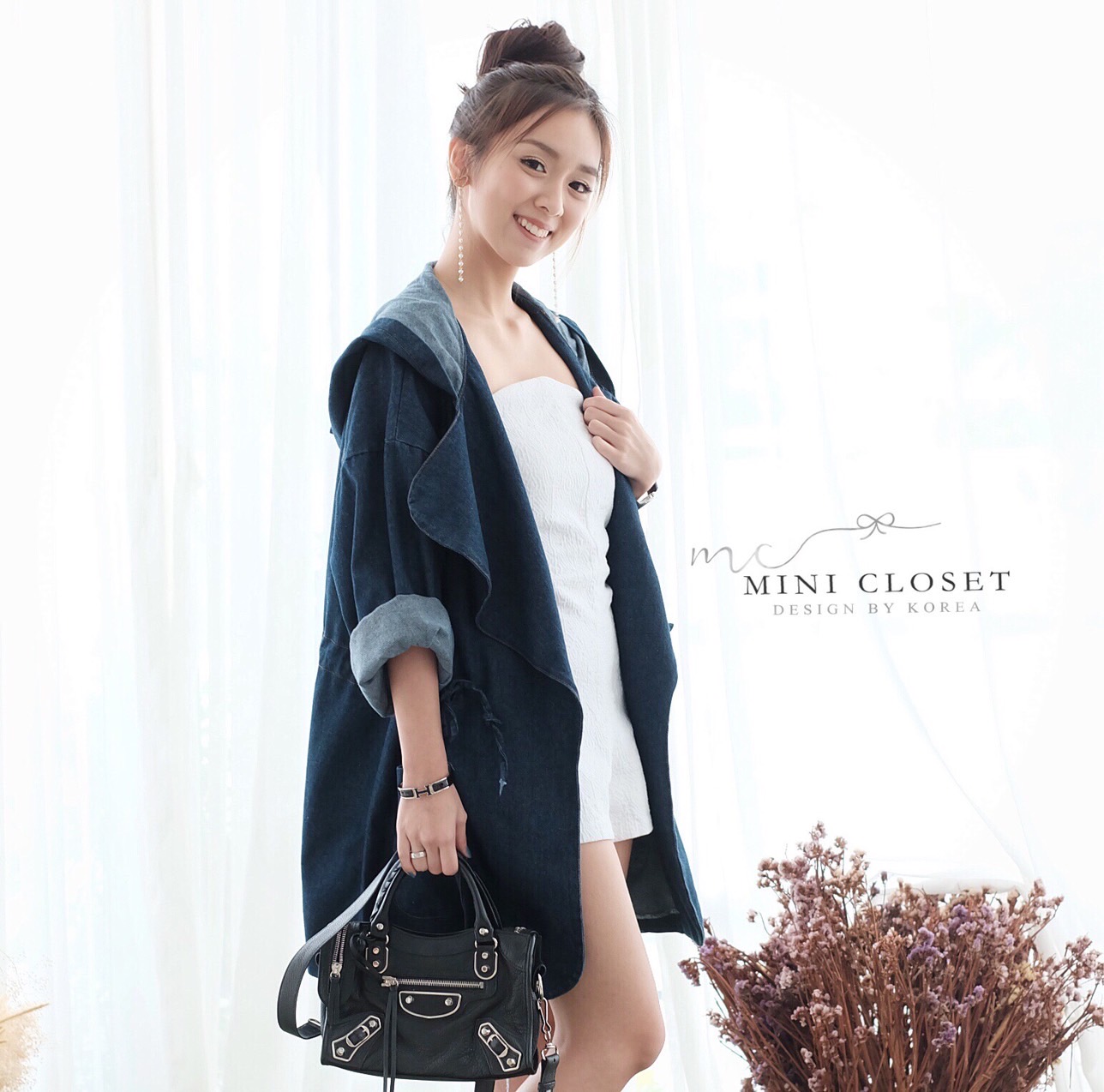 เสื้อคลุมยีนส์แขนยาวปกใหญ่มีฮู้ดน่ารักๆ