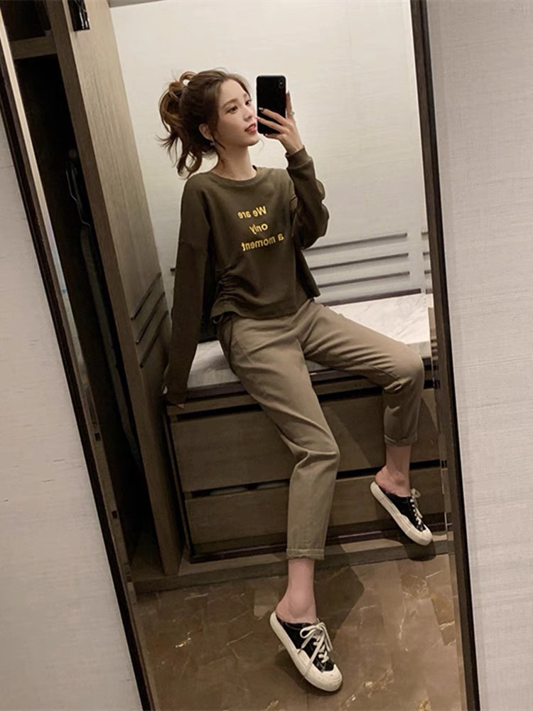 ชุดเซตขายาว เสื้อยืดโอเว่อร์ไซส์+กางเกงขายาว สีเขียวขี้ม้า