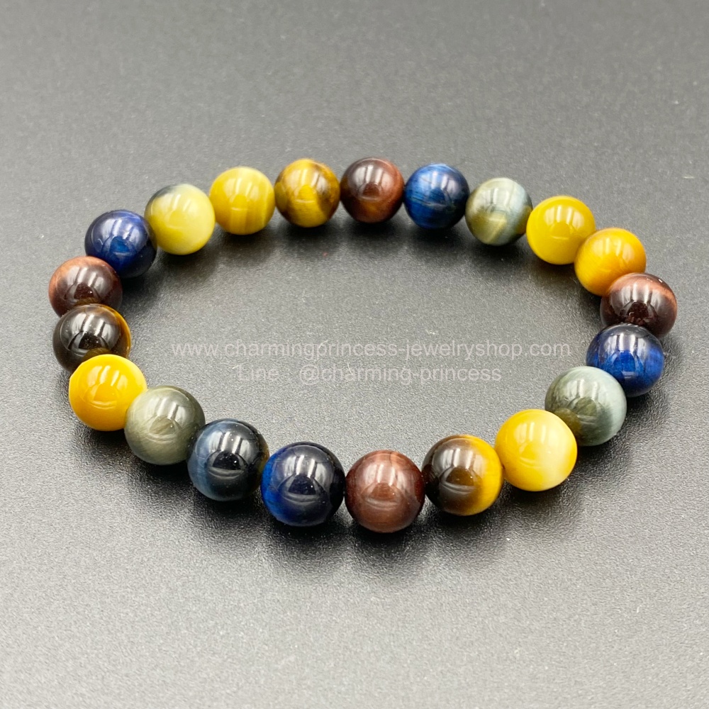 5 พยัคฆราช Tiger Eye Multi Colors หินตาเสือครบทุกสี 8 มม แก้ปีชง พลิกฟื้นดวงชะตา แคล้วคลาดปลอดภัย หินแก้ปีชง Version 2