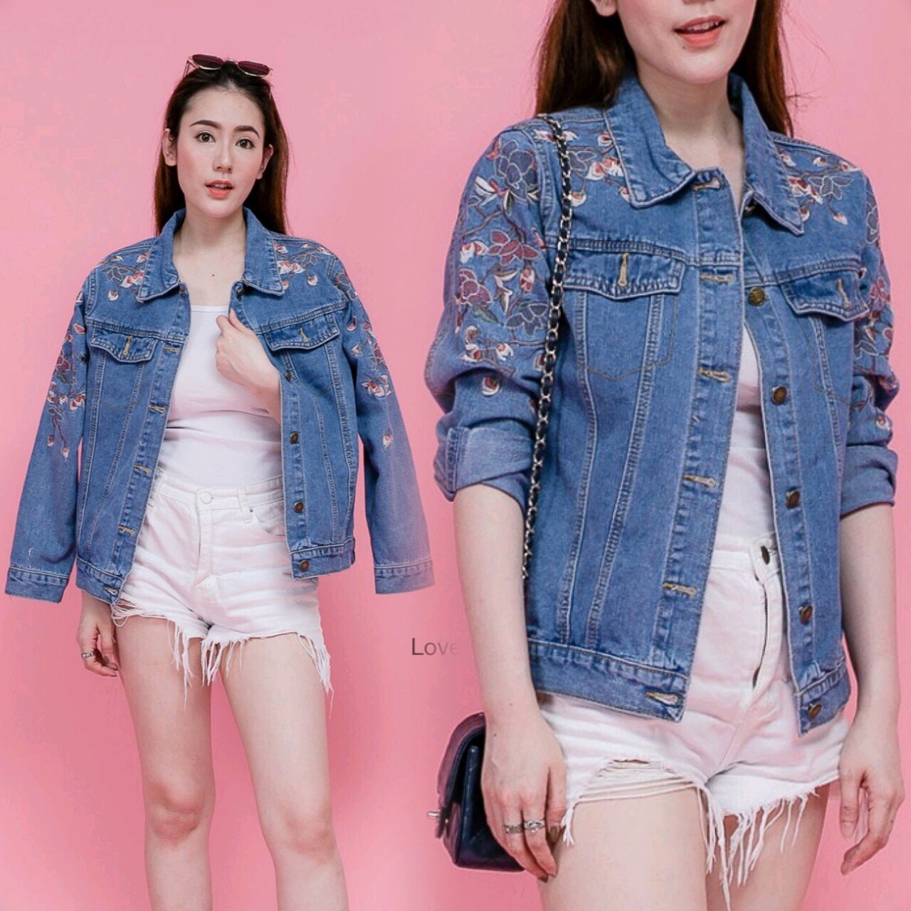แจ็คเก๊ตยีนส์ แฟชั่นเกาหลี ปักลายดอกไม้ที่ไหล่และแขนเสื้อ งานปักสวยแน่นใส่คลุมก็เท่