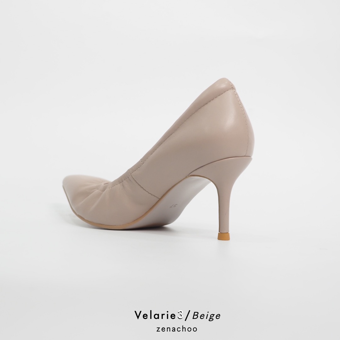 ทรงปกติ เปลี่ยนไซส์ได้-ไม่รับคืน Zenachoo Velarie3 สูง 3 นิ้ว Beige รองเท้าหนังแกะแท้ ใส่สวยมาก รองเท้าส้นเข็ม หัวแหลม