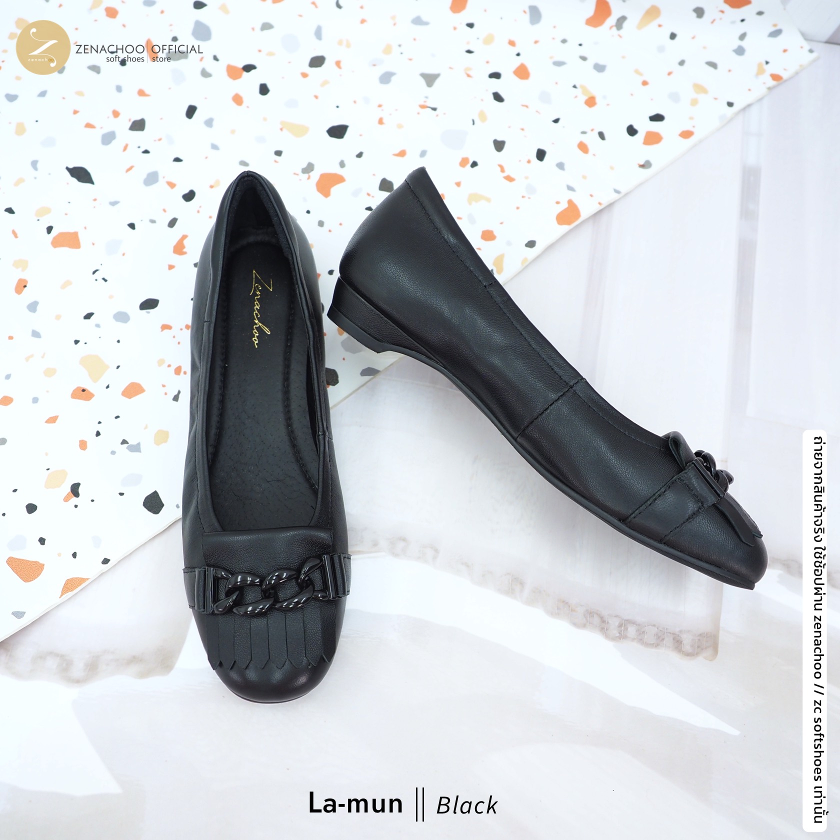 ทรงปกติ เปลี่ยนไซส์ได้-ไม่รับคืน พื้นนิ่มรับโค้งเท้าสุด Zenachoo La mun สูง 1 นิ้ว รองเท้าหนังแกะแท้ หัวมน ใส่สบายมาก