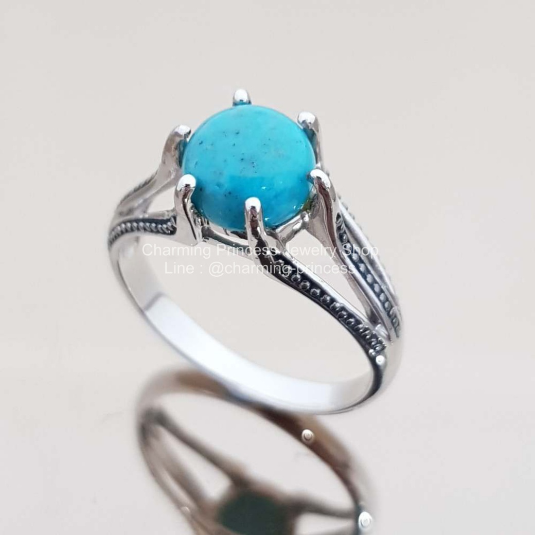 แหวนหินนําโชค เงินแท้ 925 เทอร์ควอยซ์ สีฟ้าจาก อเมริกา Turquoise ทรงรูปกลม 10 มม Turquoise Ring 925 Sterling Silver