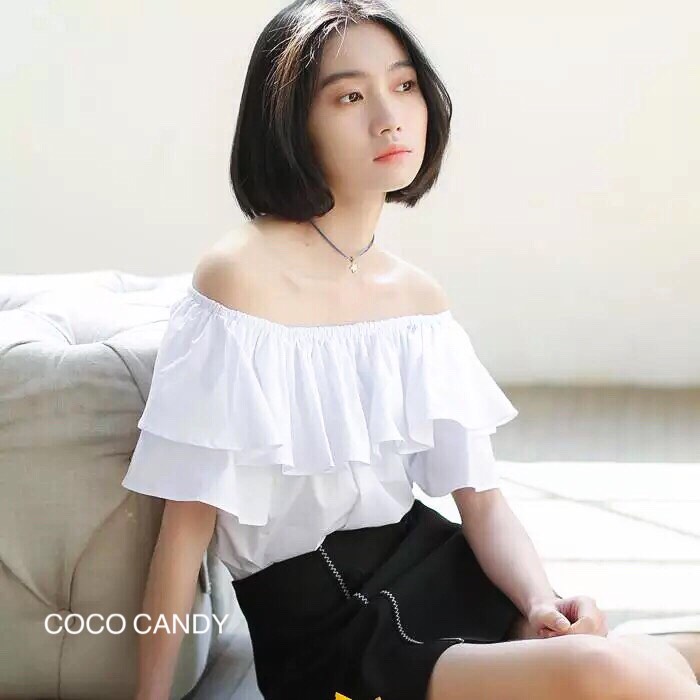 เสื้อเปิดไหล่ระบายผ้าซาติน ช่วงไหล่ใส่ยางยืดรอบน่ารักมากๆๆ