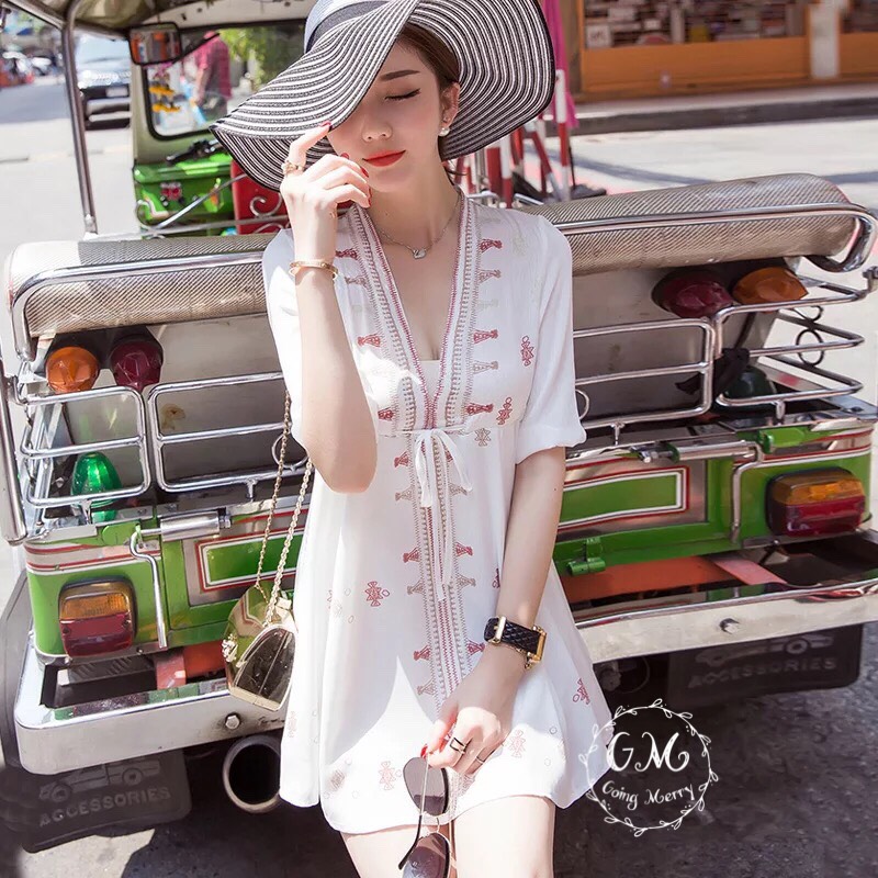 Minidress เกาหลี สไตล์โบฮีเมียนพิมพ์ลายผ้าเนื้อดีมากก เนื้อผ้าไม่บาง ช่วงกระโปรงมีซับใน