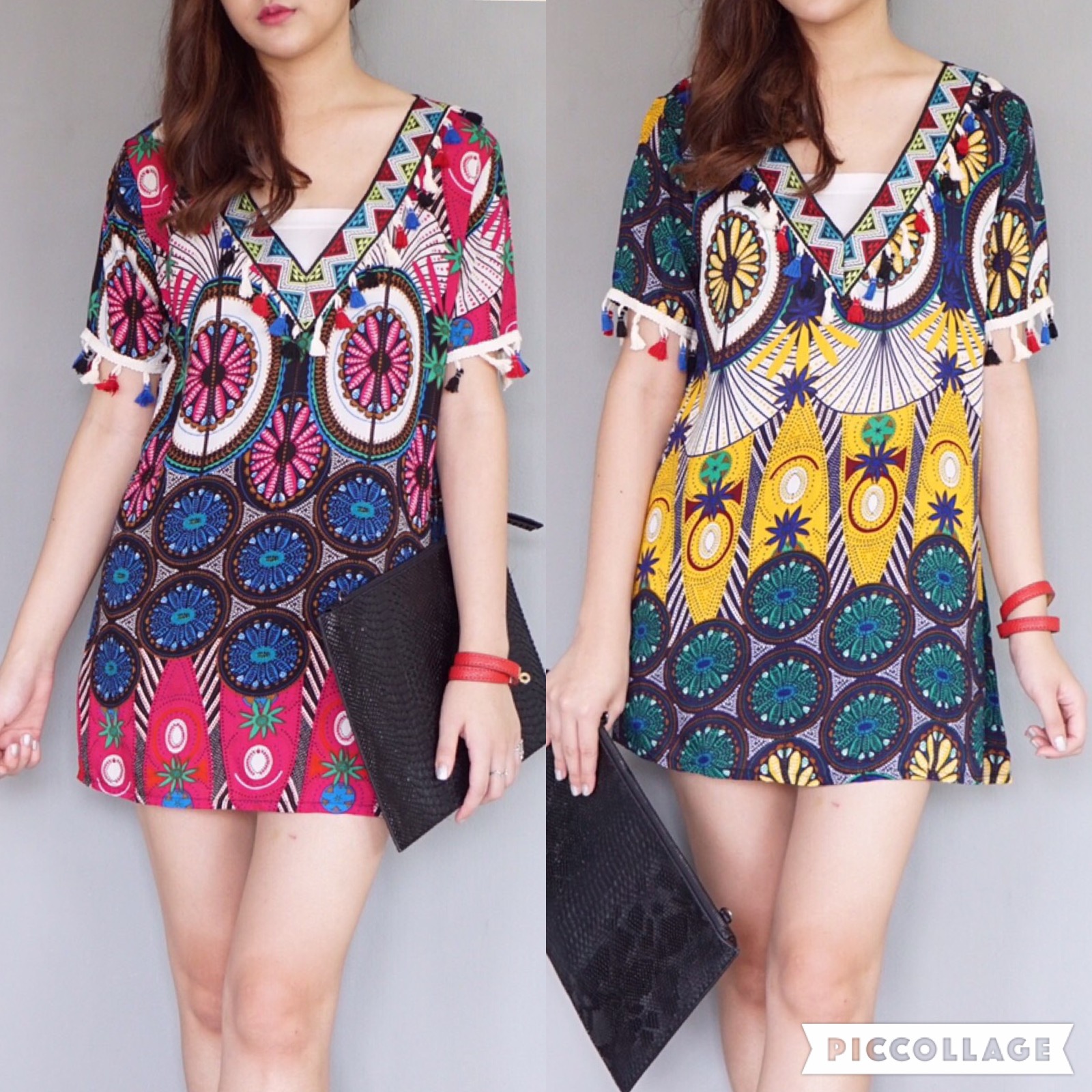 SALE 30%เดรสคอวี ปริ้นลายเก๋ๆ ภาพสีคมชัด สไตล์ bohemian ทั้งตัว เพิ่มลูกเล่นแต่งพู่ที่อกและชายแขน ทรงน่ารักมากคะ เนื้อผ้าดี ใส่สบายสุดๆ