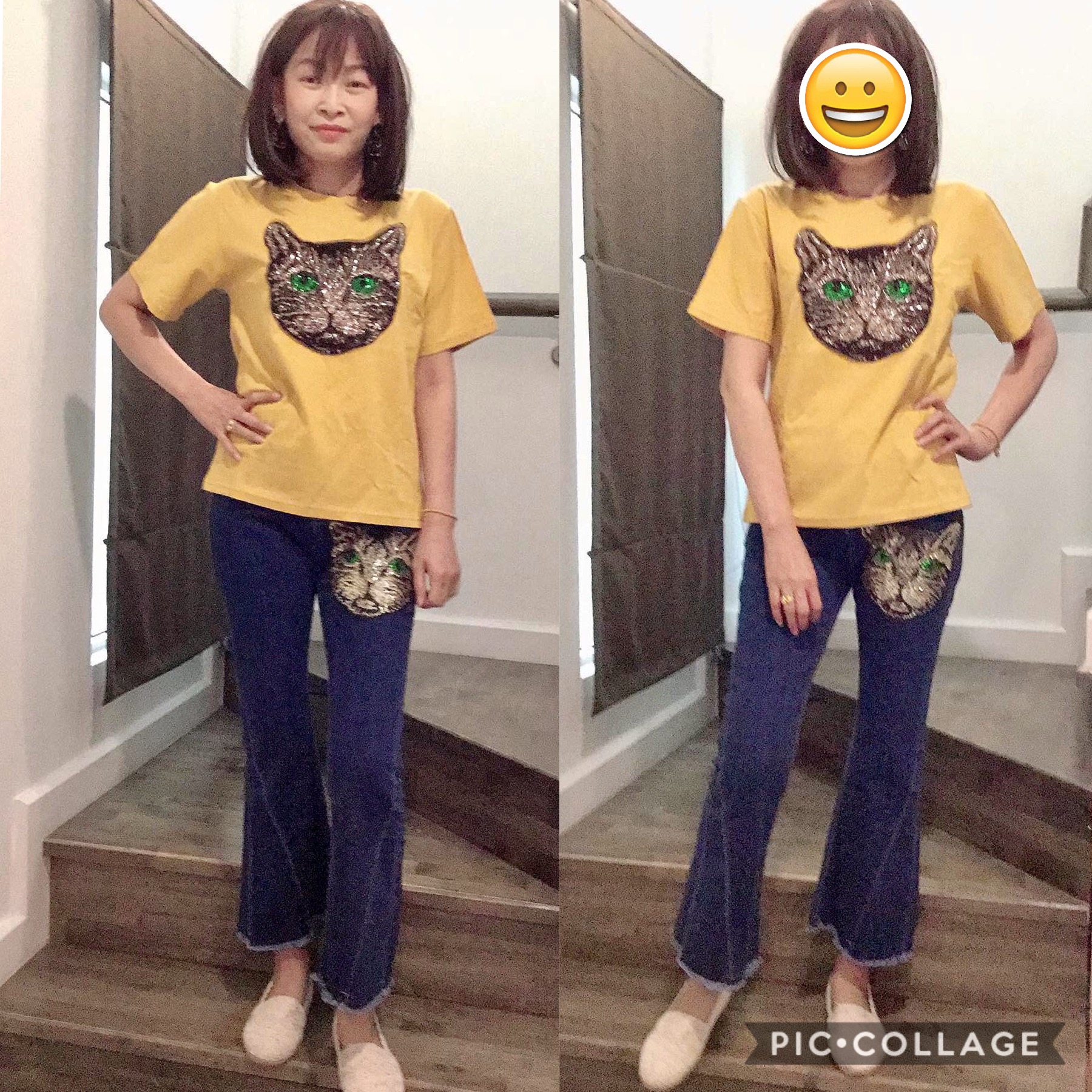 ชุดเซ็ท2ชิ้น ชุดเสื้อยืดกางเกงยีนสลายหน้าแมว