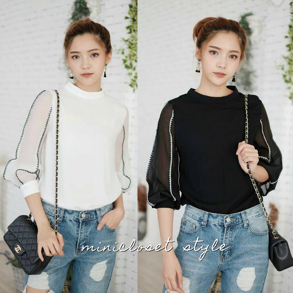 รุ่นนี้ห้ามพลาดเลยนะคะ ใส่สวยใส่ดูดี ของเข้ารอบ2 กับเสื้อแขนยาวคอปีน แขนกุ๊นขอบด้ายสีสลับบนเนื้อผ้าชีฟองใยสังเคราะห์ ผ้าไม่คันนะคะ
