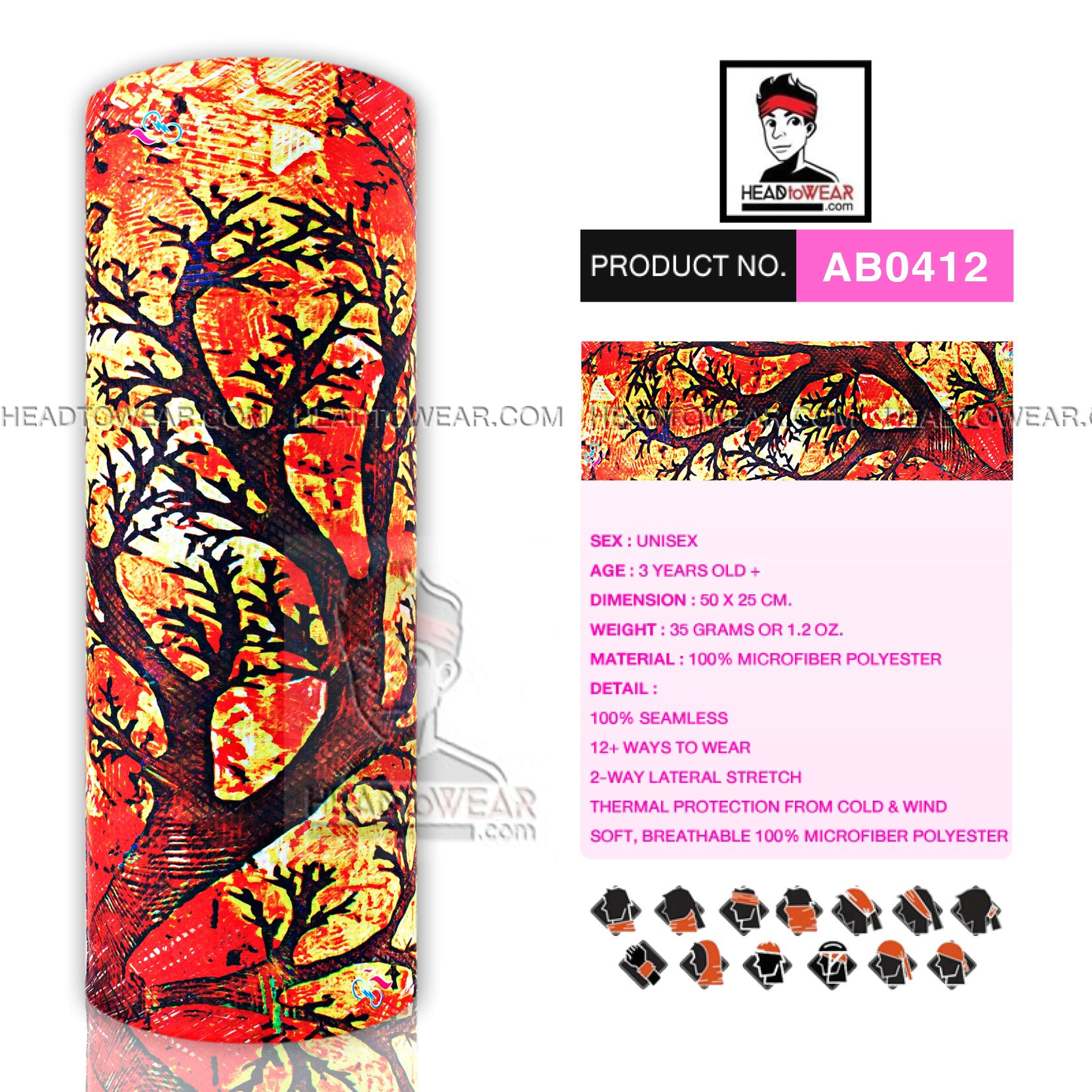 ผ้าบัฟ ผ้าโพกหัว ผ้าคาดผม HeadToWear ลายต้นไม้แดง Red Tree รหัส AB0412