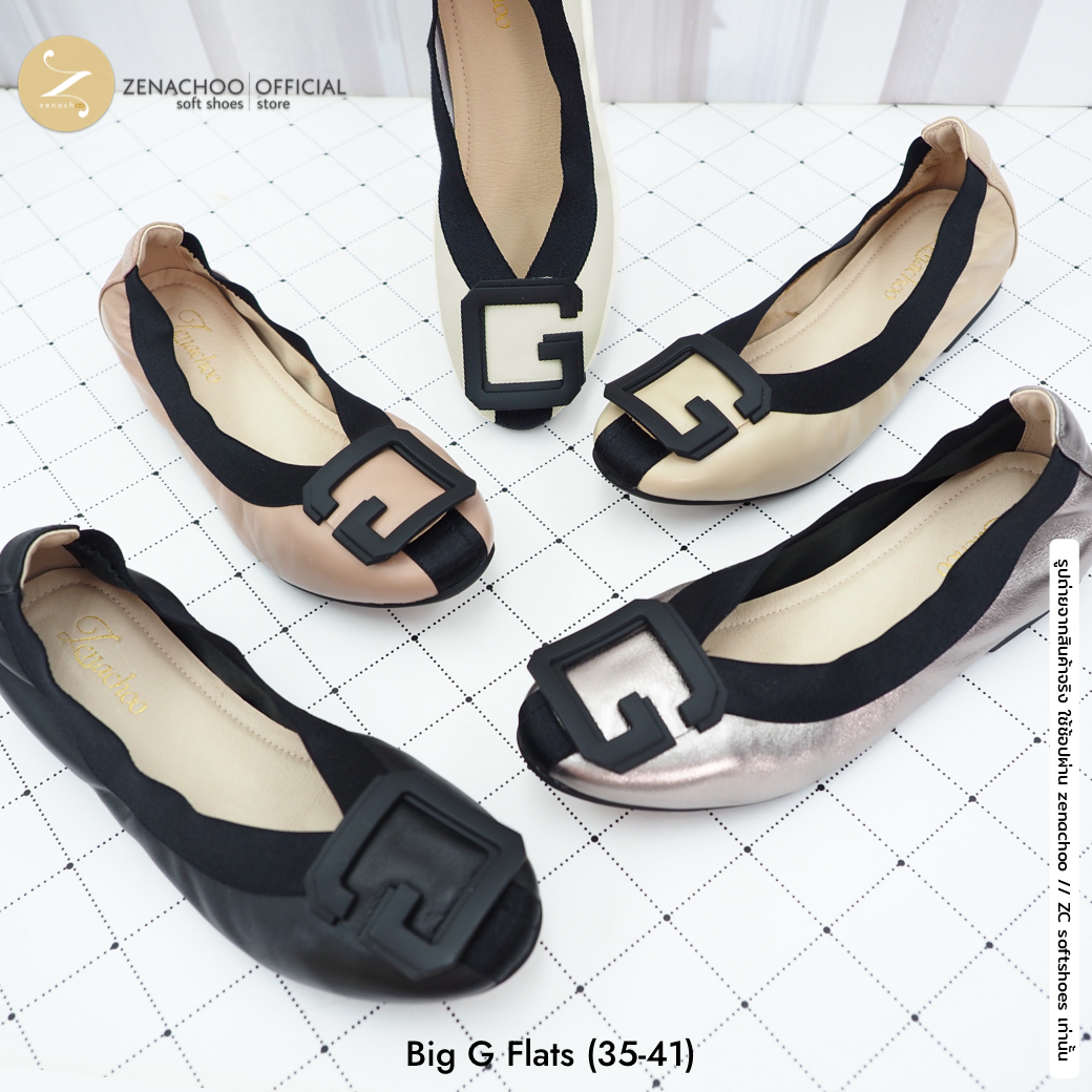 ทรงปกติ เปลี่ยนไซส์ได้-ไม่รับคืน นิ่มตะลึง ท้าให้ลอง Zenachoo Big G flats สูง 1 นิ้ว รองเท้าหนังแกะแท้ หัวมน ใส่สบายมาก
