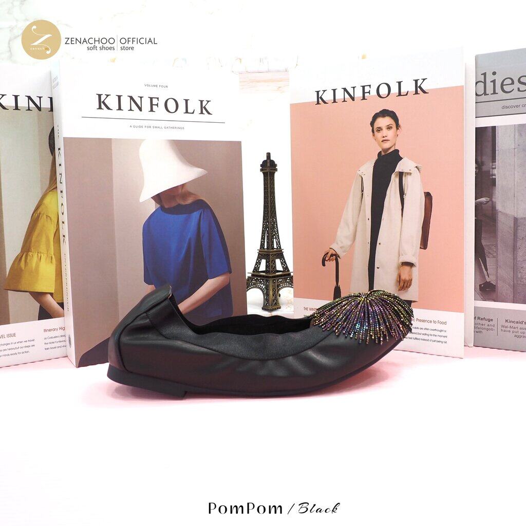 ทรงปกติ สินค้าลดราคา ไม่รับเปลี่ยน-คืน ทุกกรณึ นิ่มมากจนต้องร้องว้าว Zenachoo รุ่น PomPom สูง 1นิ้ว รองเท้าหนังแกะแท้ รับประกันความนิ่มสบาย