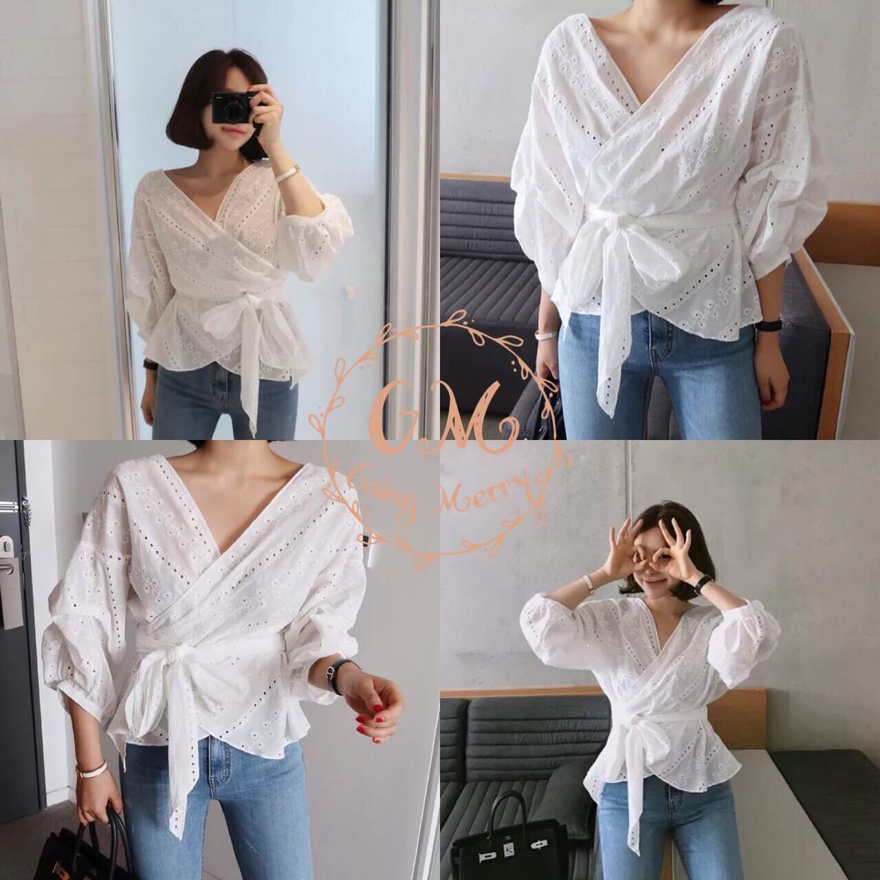 เสื้อเกาหลีสีขาวปักฉลุสวยๆ ทรงคอวีป้ายหน้าผูกโบว์เก๋ๆน่ารัก ากค่ะ