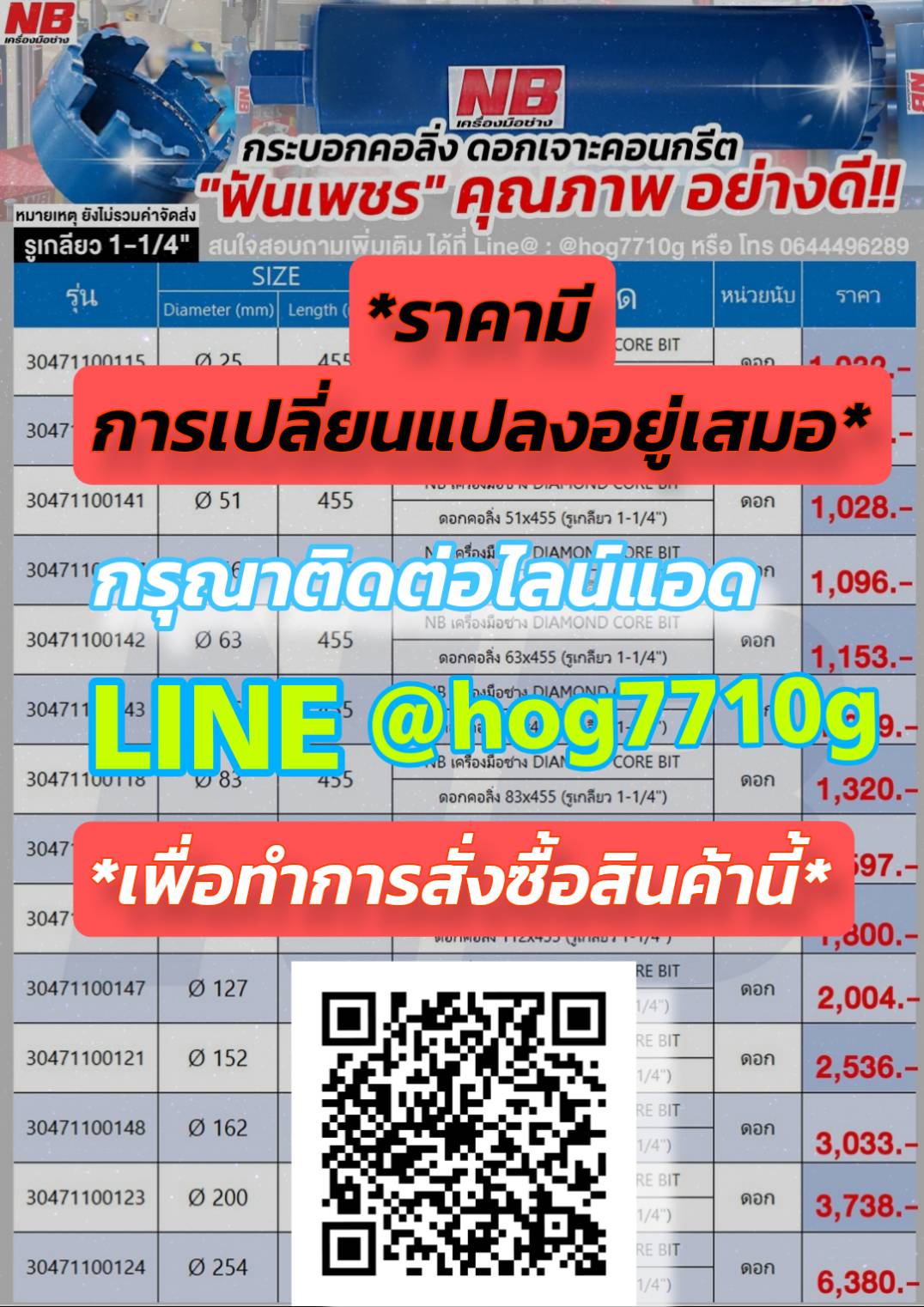 กระบอกคอริ่ง เจาะคอนกรีต (ดอกคอริ่ง) ขนาดรูเกลียว 1-1/4 นิ้ว รุ่นสีน้ำเงิน ฟันคาไบต์