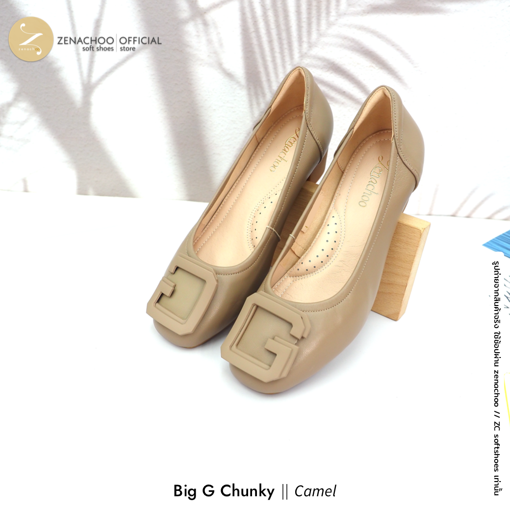 ทรงปกติ เปลี่ยนไซส์ได้-ไม่รับคืน พื้นยางนิ่ม เพื่อสุขภาพ Zenachoo Big G Chunky สูง 2 นิ้ว รองเท้าหนังแกะแท้ ใส่สบายมาก