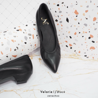 ทรงปกติ เปลี่ยนไซส์ได้-ไม่รับคืน Zenachoo รุ่นขายดี Velarie1 สูง 1นิ้ว สี Black รองเท้าหัวแหลมหนังแกะแท้