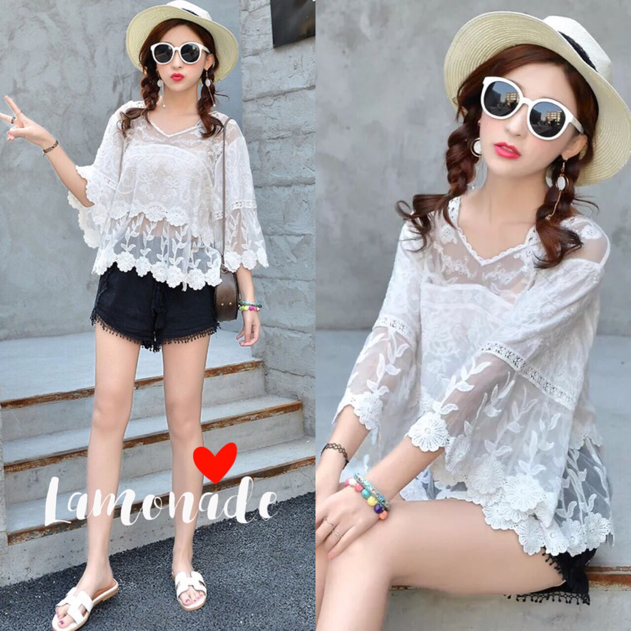 เสื้อลูกไม้คอวีสไตส์เกาหลี แต่ลูกไม้สลับผ้าซีทรู มีซับช่วงกลางตัว แอบเซ็กซี่ปนหวานเบาๆ งานสวย ใส่ชิวๆ แมทได้หลายสไตล์ค่ะ น่ารักมากๆค่ะ งานรับประกันคุณภาพจ้าาาา