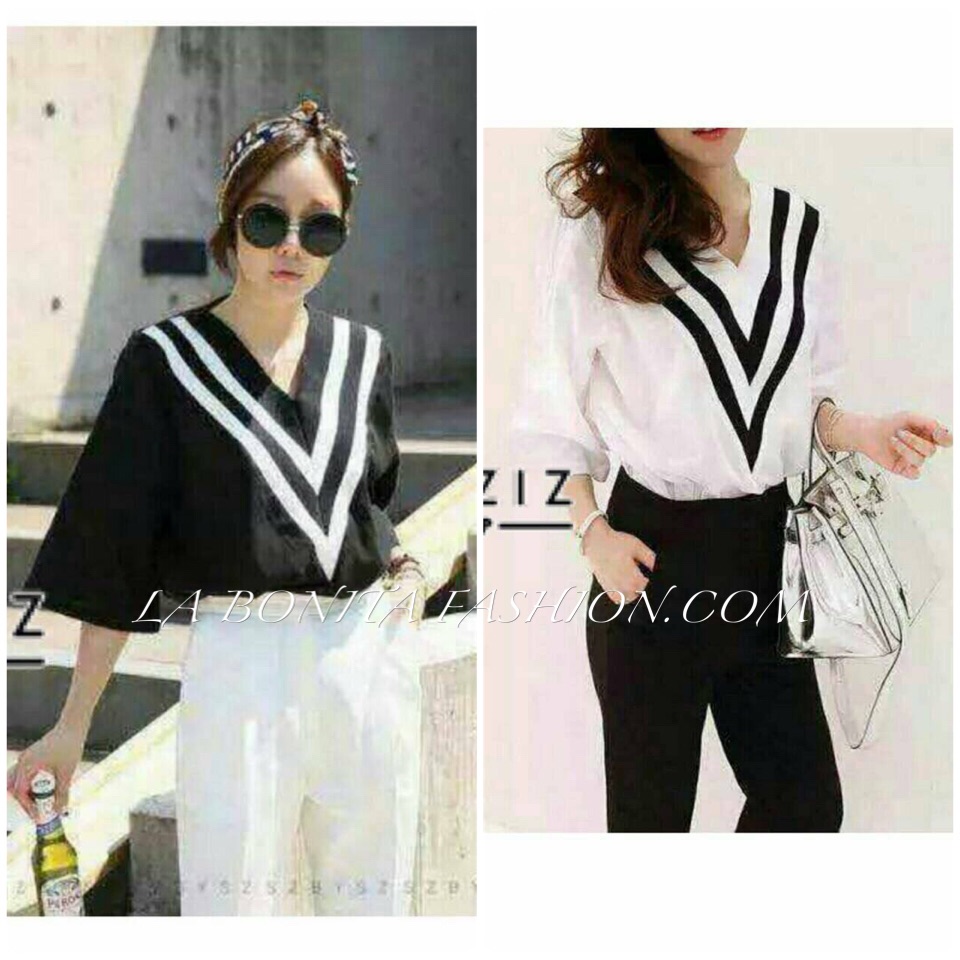 New in..เสื้อคอวี ตัดลายวีสองชั้น ผ้าทิ้งตัวใส่สบาย style korea