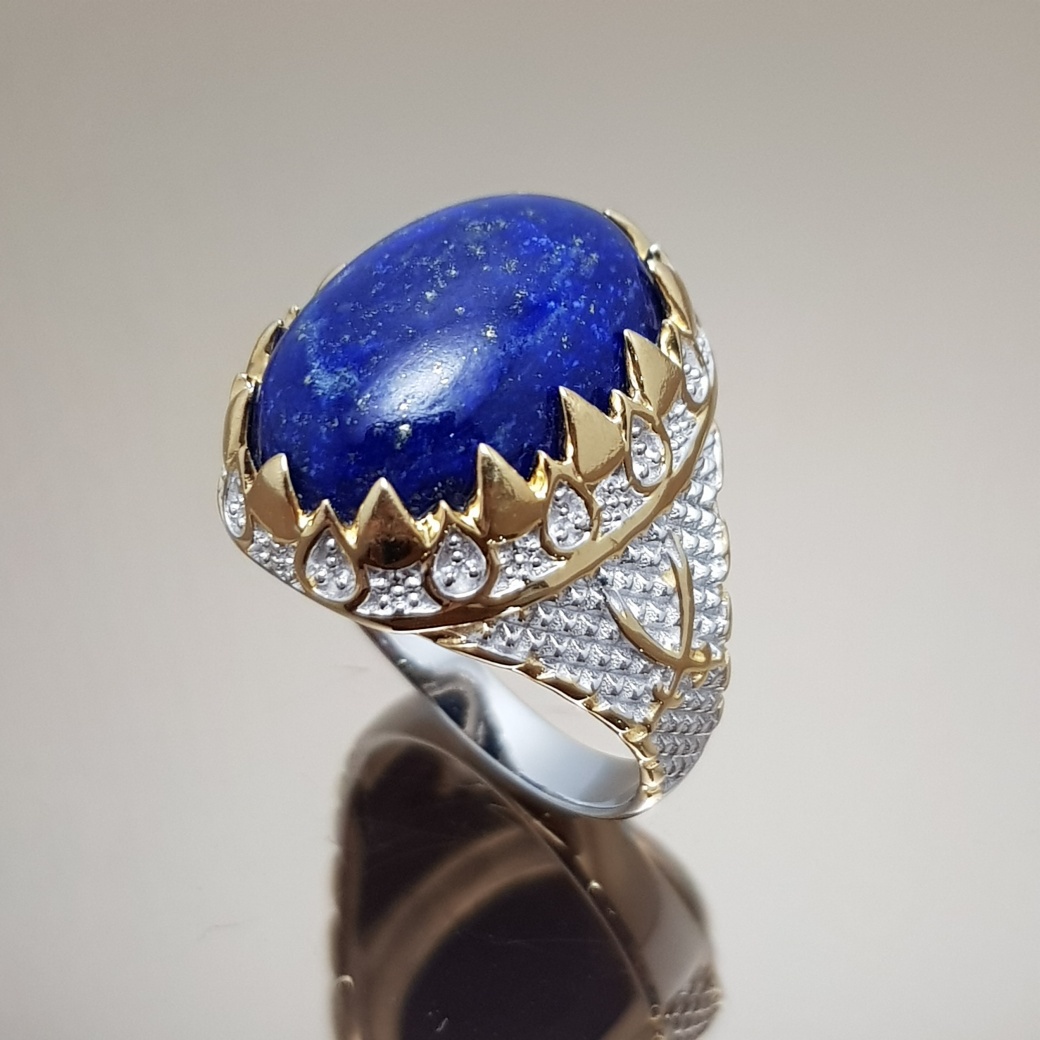 แหวนลาพิสลาซูลี แหวนหินนําโชค เงินแท้ 925 ขนาด รูปไข่ 18x13 มม 925 & 14K Yellow Gold Plated Lapis Lazuli Oval 18x13 mm Sterling SIlver Unisex Ring