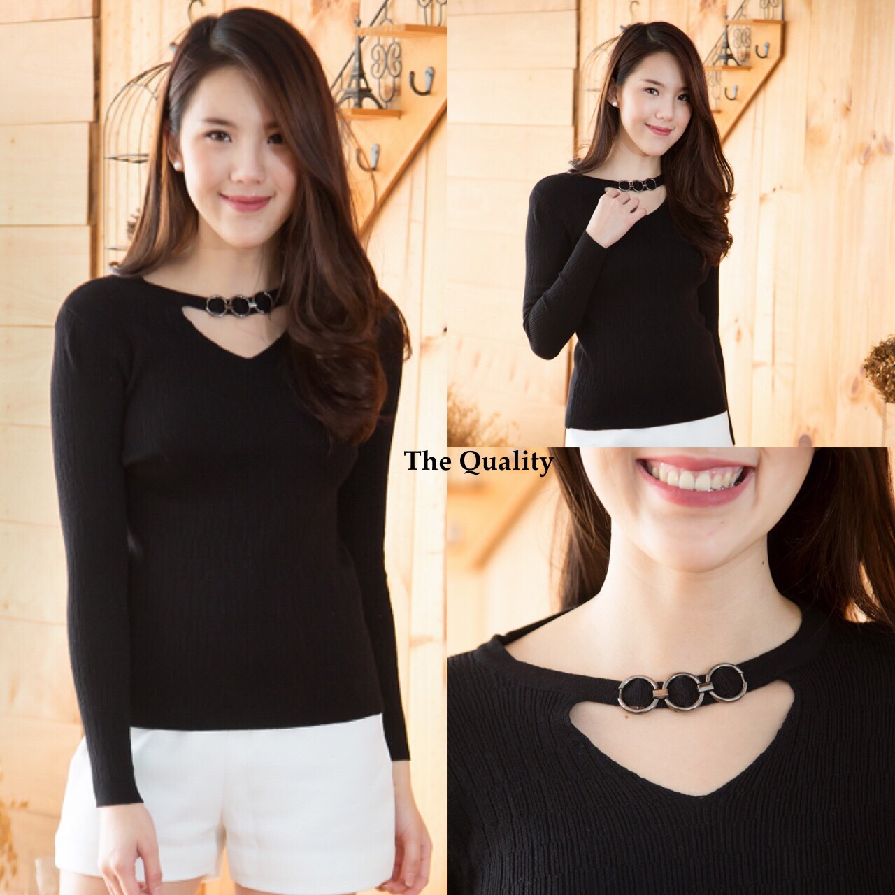 สื้อไหมพรมแขนยาว คอวี แต่งสายคาดคอมีห่วง3วง แอบเซ็กซี่ ผ้าไหมพรมยืดได้เยอะจ้า มา 2 สีจ้า