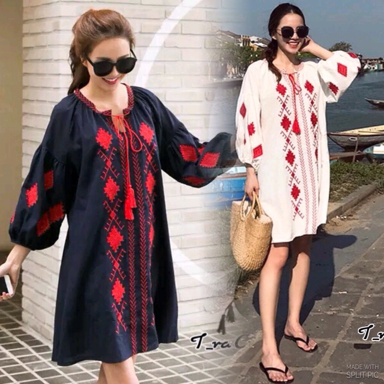 มินิเดรสงานปัก Style korea เนื้อผ้าคล้ายผ้าฝ้ายเนื้อดีงานปักละเอียด ดีเทลช่วงแขนปักลายกราฟฟิกแขนพอง ช่วงคอมีเชือกผูก บอกเลยว่างานสวยจ้า สามามารถใช่งานได้ทุกโอกาสไม่มีเอาค์ไม่ควรพลาดเลยจ้าา