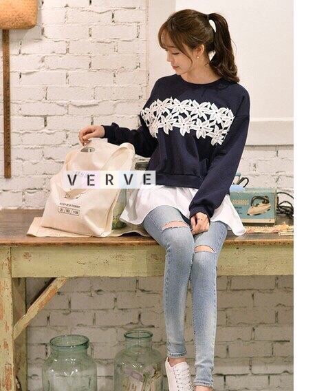 Sweater ชายระบาย อกคาดลูกไม้ ใส่หวานๆสไตล์เกาหลี น่ารักสุดๆ สีกรม